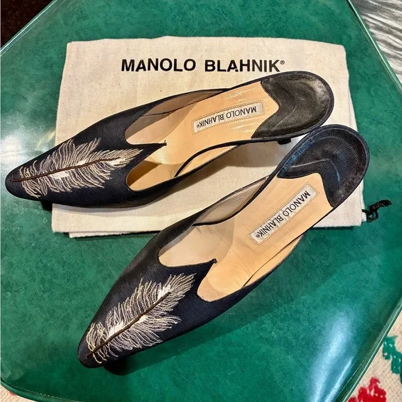 Manolo Blahnik Navy Feathered  Embroidered Women's Shoes - Picture 7 of 7
